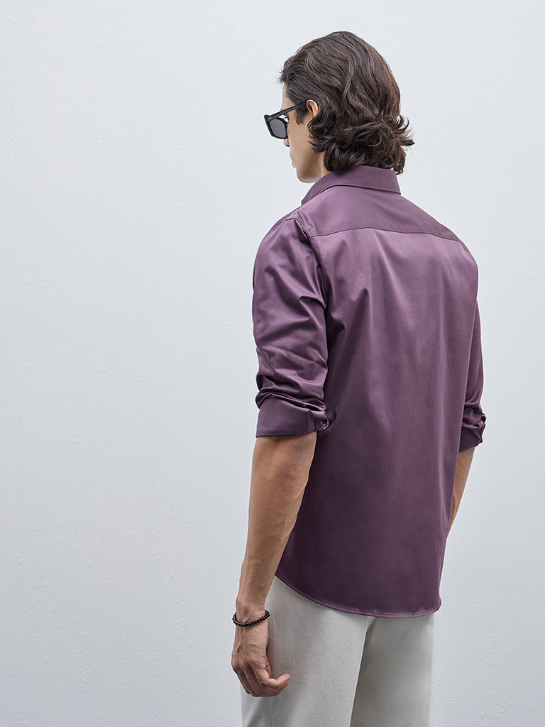 Westside WES Formals Men's Purple Slim-Fit Cotton-Blend Shirt for Work Wear Back View