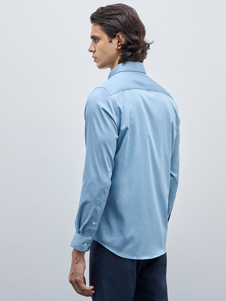 Westside WES Formals Men's Blue Slim-Fit Cotton-Blend Shirt for Work Wear Back View