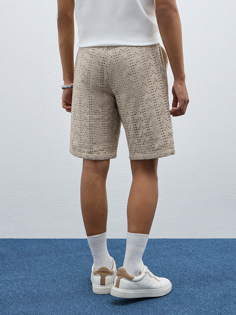 Westside ETA Men's Taupe Cut-Out Detailed Mid-Rise Cotton-Blend Shorts for Casual Wear Back View