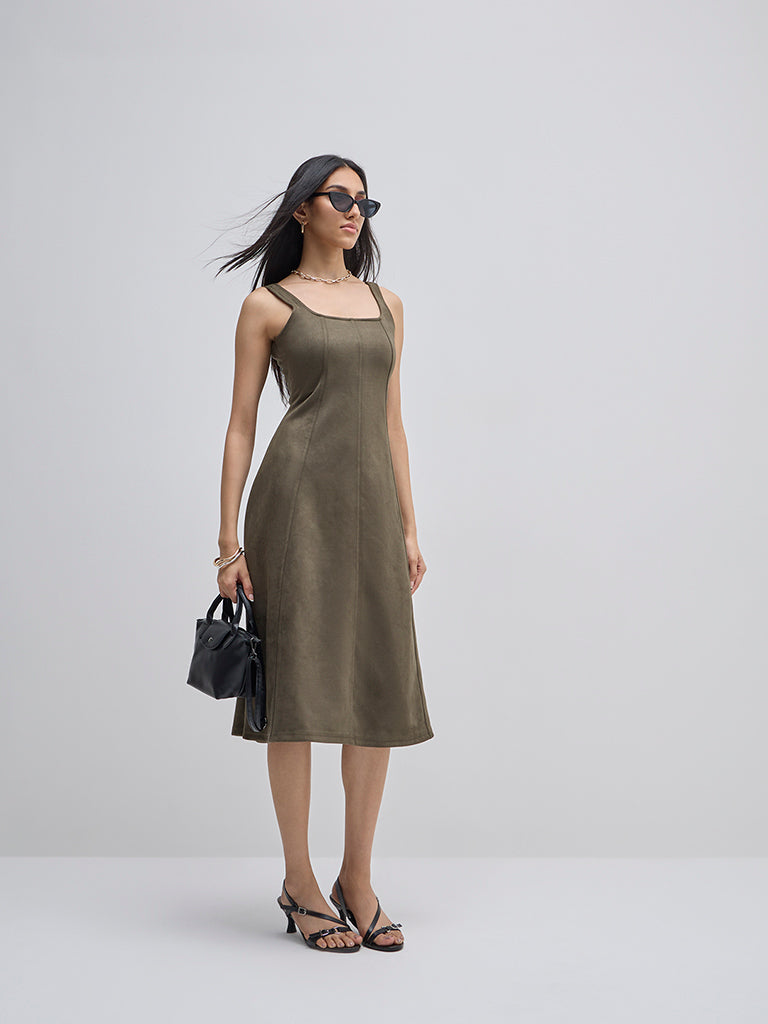 LOV Olive Cotton Midi Dress