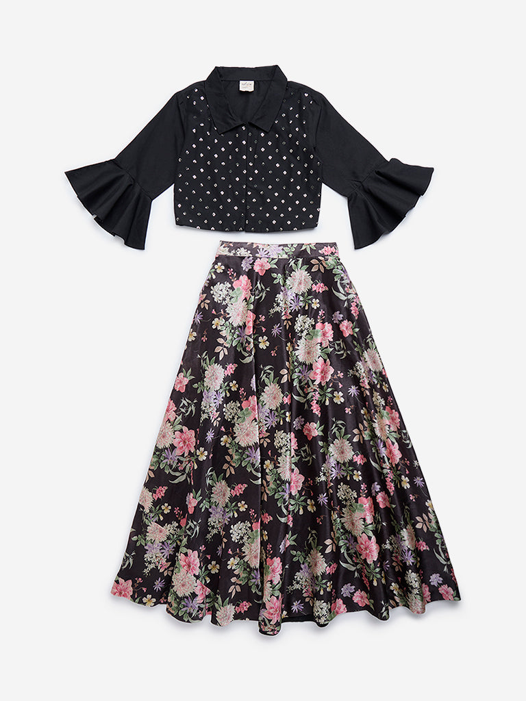 Westside Utsa Kids Black Embellished Top and Ghagra Set - (8-14 yrs) for Ethnic Wear Front View