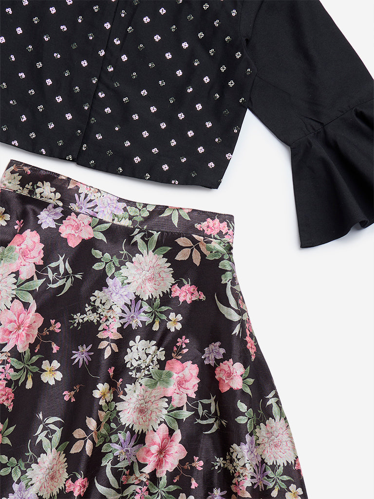 Westside Utsa Kids Black Embellished Top and Ghagra Set - (8-14 yrs) for Ethnic Wear Zoomed View