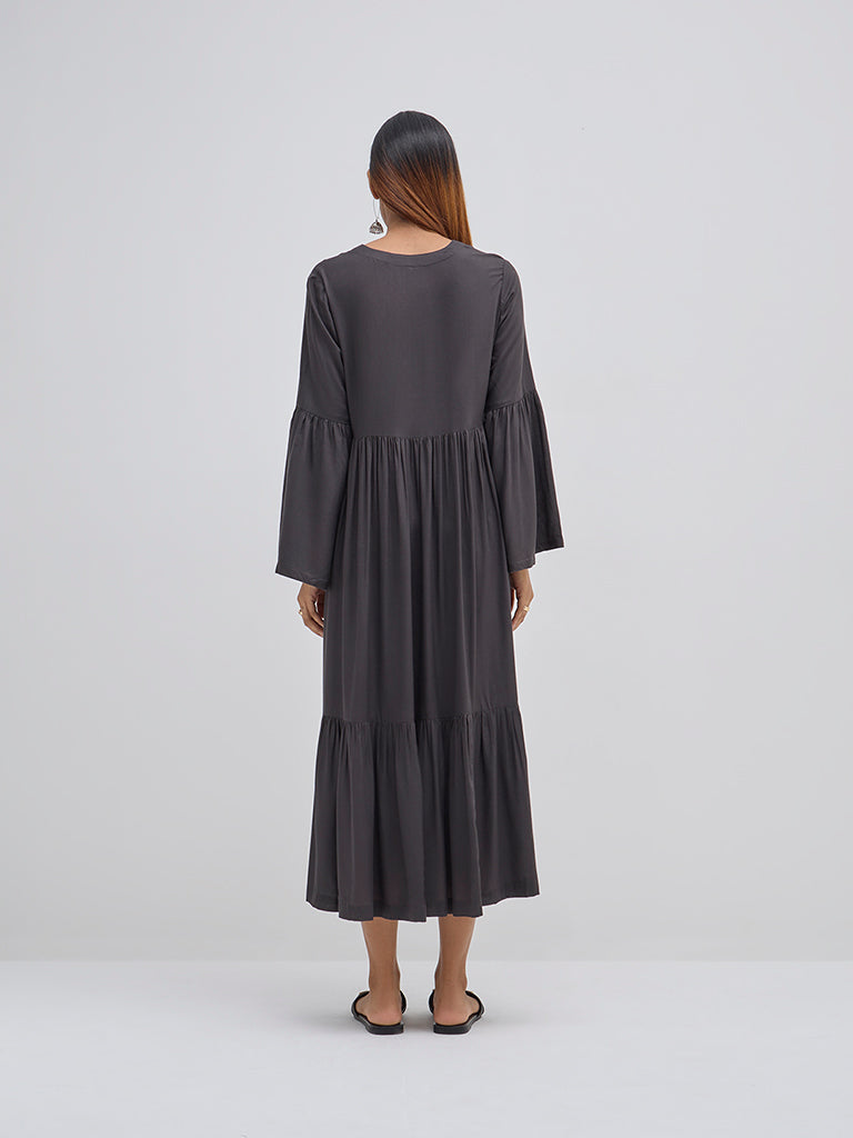 Utsa Charcoal Floral Bandhani Print Tiered Dress