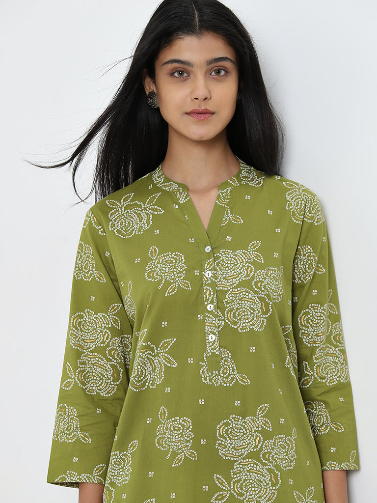 Utsa Green Bandhani Printed Straight Cotton Kurta