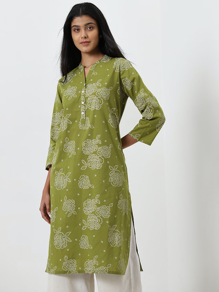 Utsa Green Bandhani Printed Straight Cotton Kurta