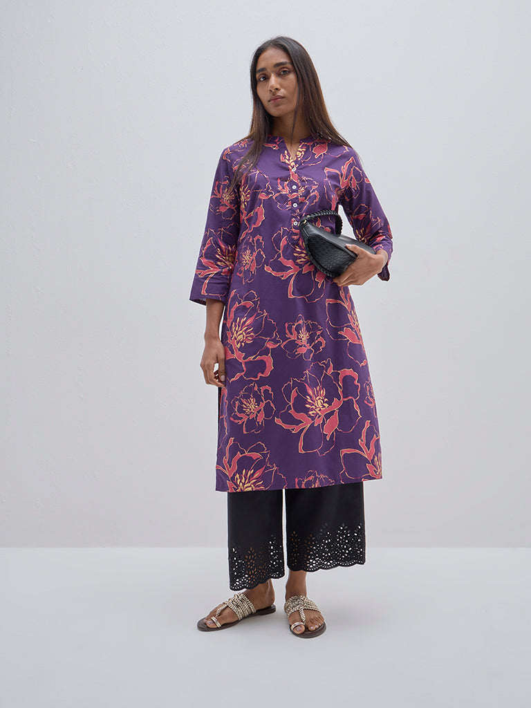 Utsa Purple Floral Printed Cotton Straight Kurta