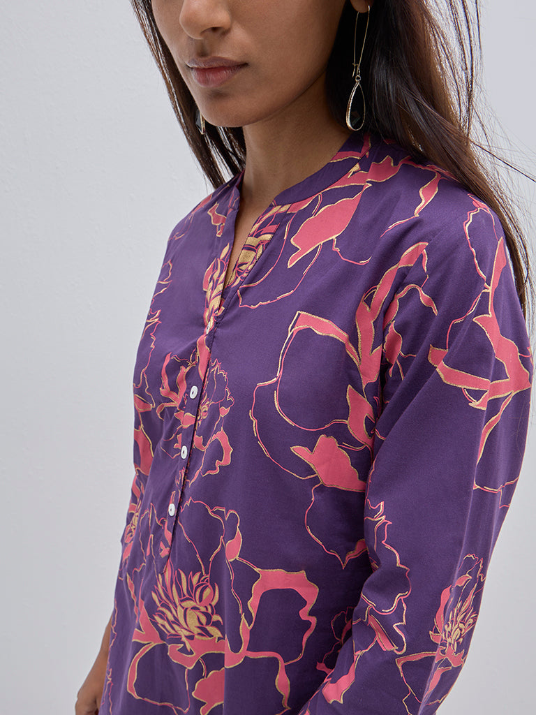 Utsa Purple Floral Printed Cotton Straight Kurta