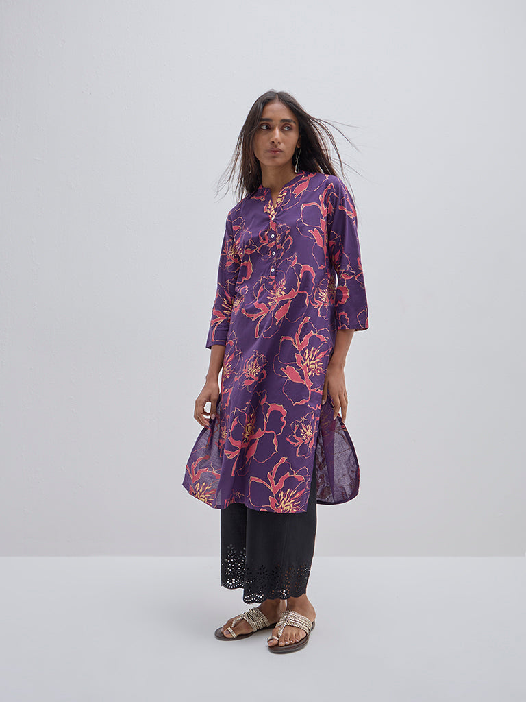 Utsa Purple Floral Printed Cotton Straight Kurta