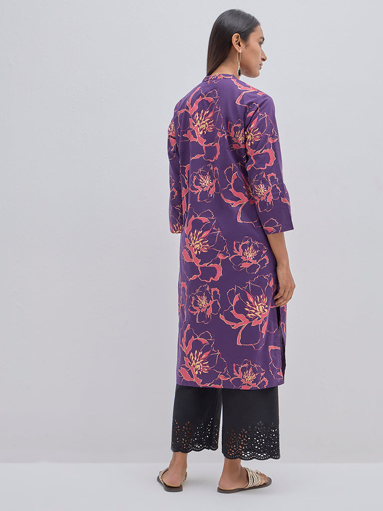 Utsa Purple Floral Printed Cotton Straight Kurta