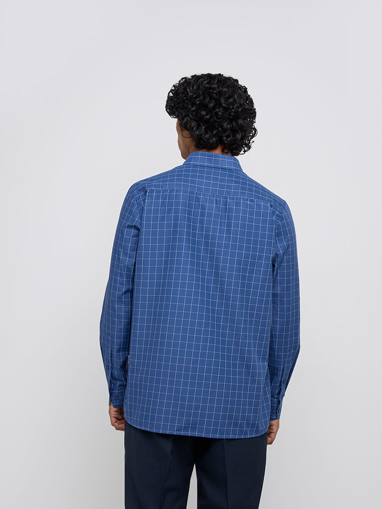Westside WES Formals Men's Navy Checkered Relaxed-Fit Shirt for Work Wear Back View