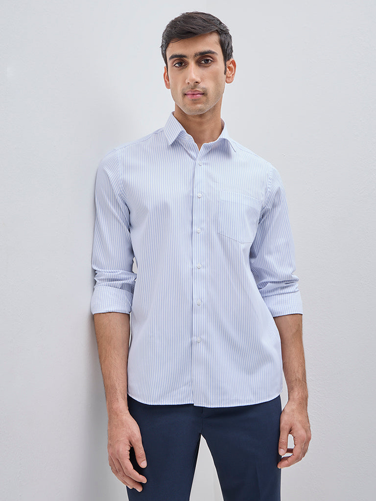Westside WES Formals Men's Light Blue Striped Slim-Fit Shirt for Work Wear Front View