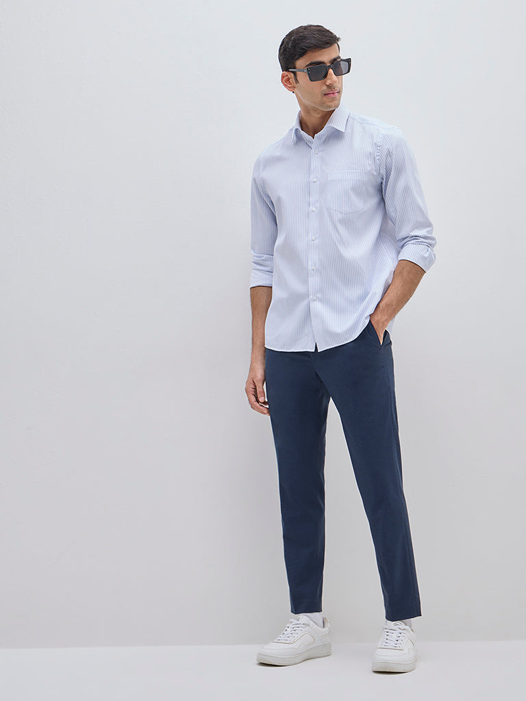 Westside WES Formals Men's Light Blue Striped Slim-Fit Shirt for Work Wear Full View