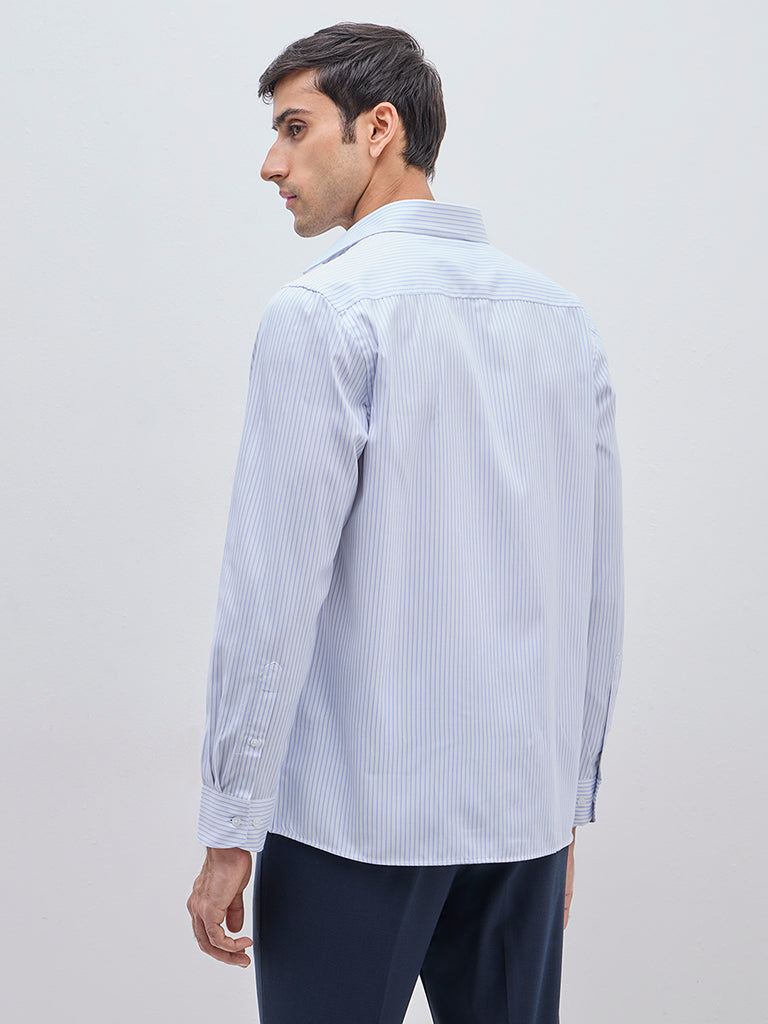 Westside WES Formals Men's Light Blue Striped Slim-Fit Shirt for Work Wear Back View