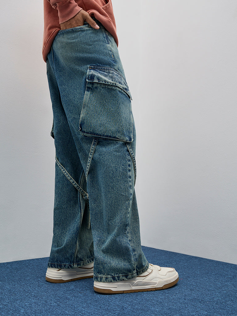 Nuon Blue Acid Wash Relaxed-Fit Mid-Rise Jeans