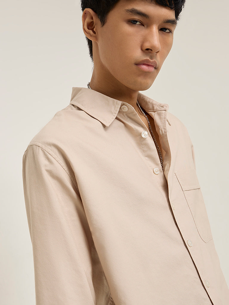 Nuon Beige Solid Relaxed-Fit Cotton Shirt