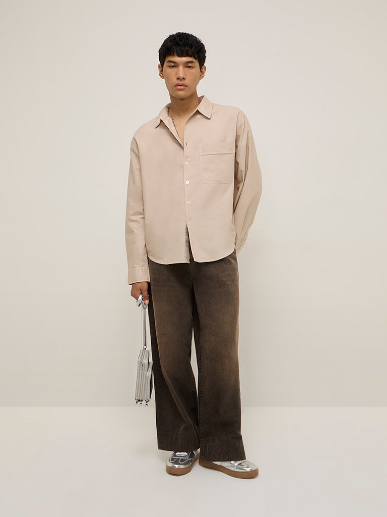 Nuon Beige Solid Relaxed-Fit Cotton Shirt