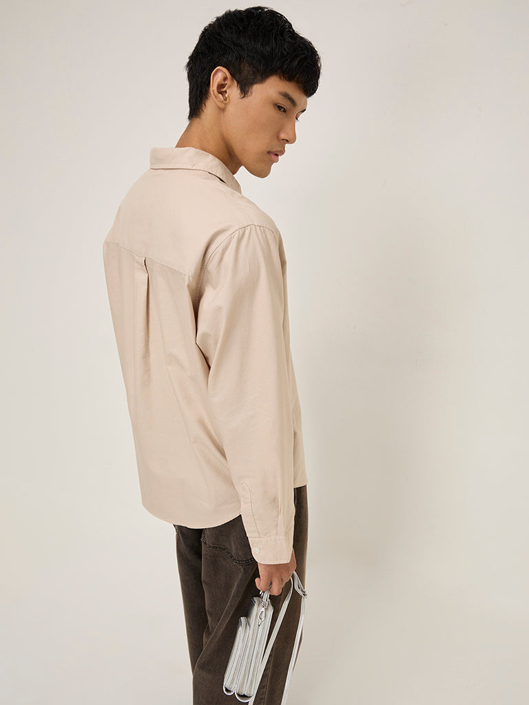 Nuon Beige Solid Relaxed-Fit Cotton Shirt