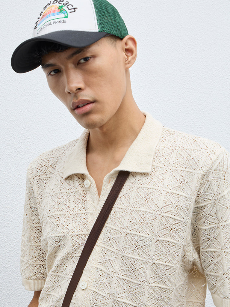 Nuon Beige Knitted Relaxed-Fit Cotton Shirt
