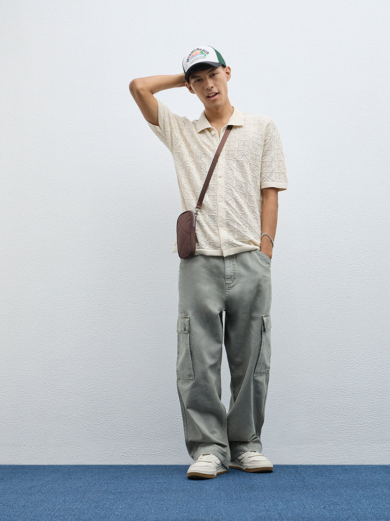 Nuon Beige Knitted Relaxed-Fit Cotton Shirt