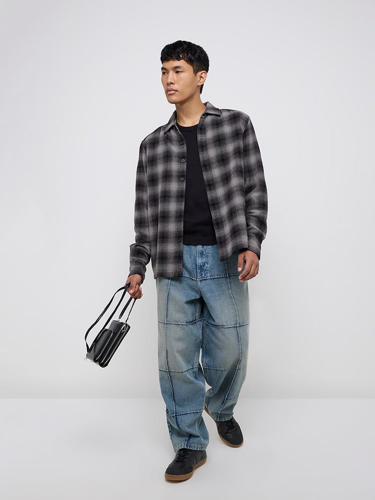 Nuon Black Checks Patterned Relaxed-Fit Cotton Shirt