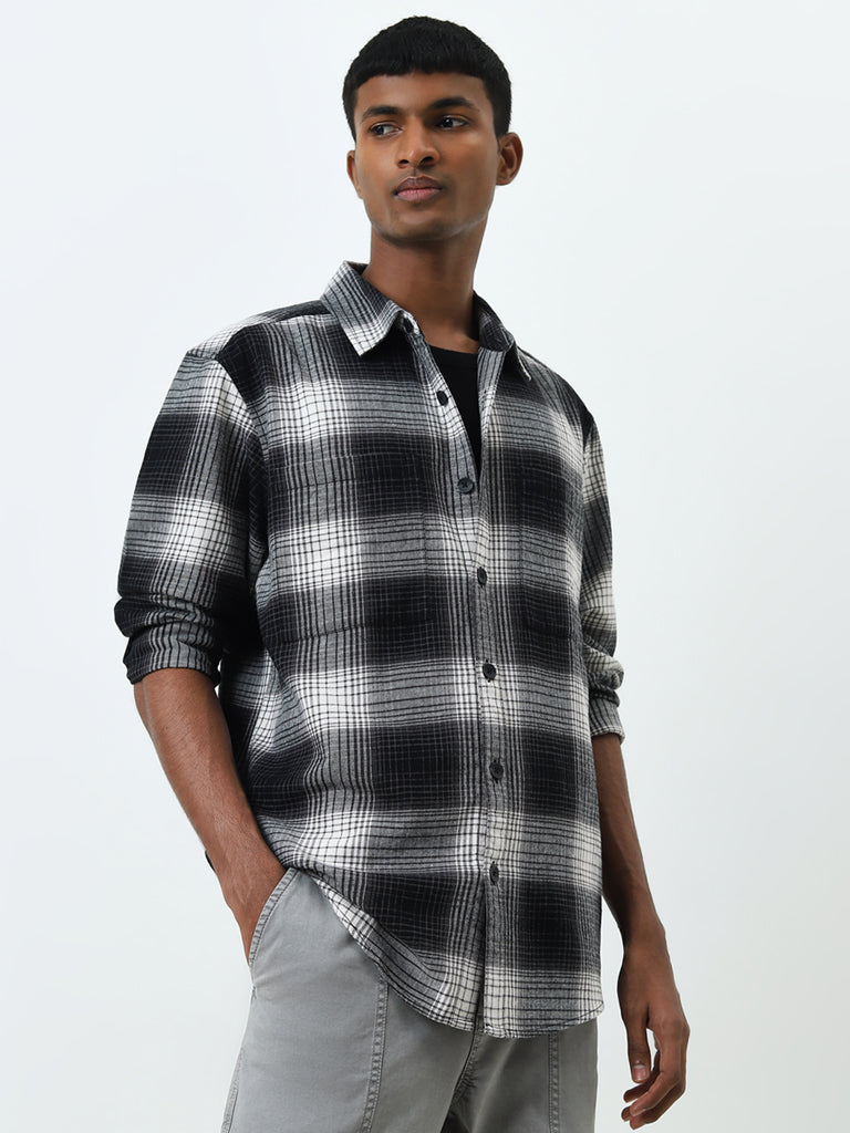 Buy Nuon Black White Checkered Relaxed-Fit Cotton Shirt from