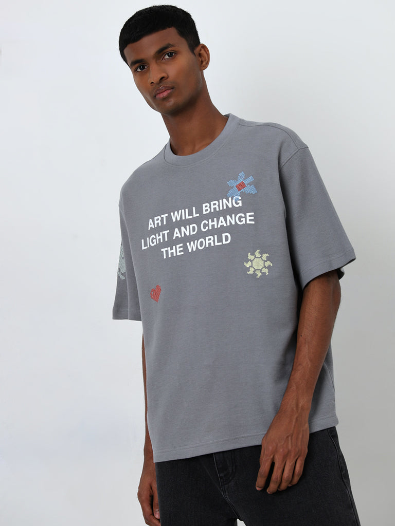 Buy Nuon Grey Typographic Relaxed-Fit Cotton T-Shirt from Westside