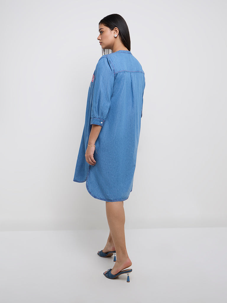 Diza Blue Floral Embellished Cotton-Blend A-Line Dress