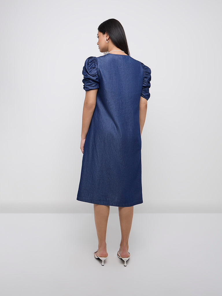 Diza Dark Blue Floral Embroidered Cotton-Blend A-Line Dress