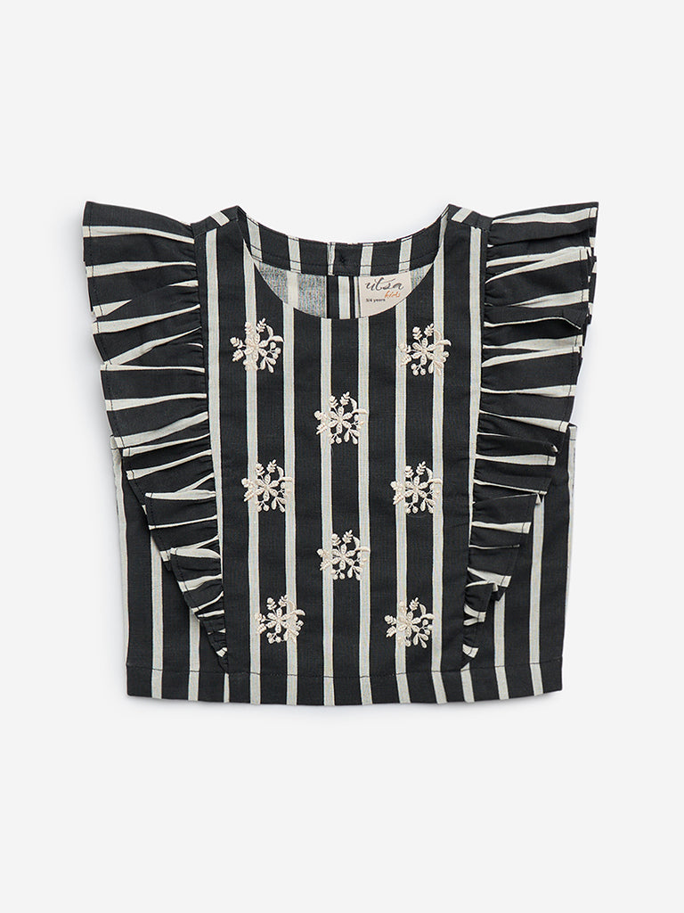 Westside Utsa Kids Black Striped Cotton-Blend Top - (2-8yrs) for Ethnic Wear Flatly Front View
