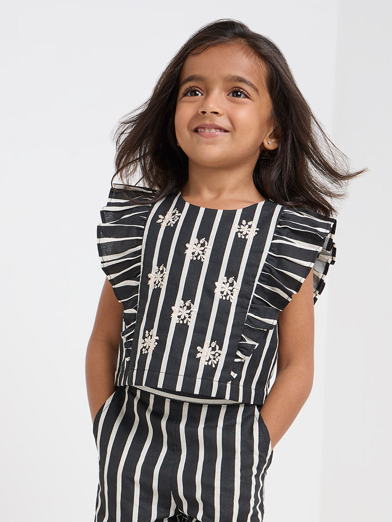 Westside Utsa Kids Black Striped Cotton-Blend Top - (2-8yrs) for Ethnic Wear Front View