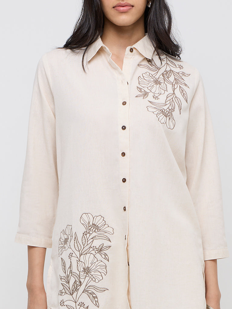 Utsa Off-White Embroidered A-Line Cotton-Blend Tunic