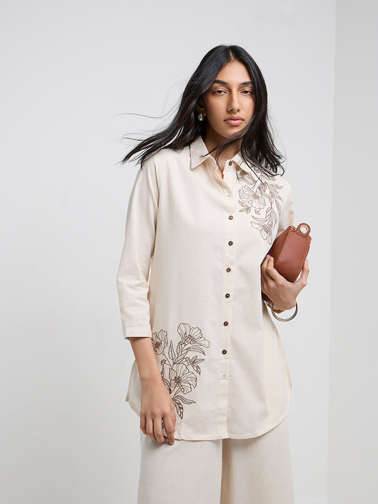 Utsa Off-White Embroidered A-Line Cotton-Blend Tunic