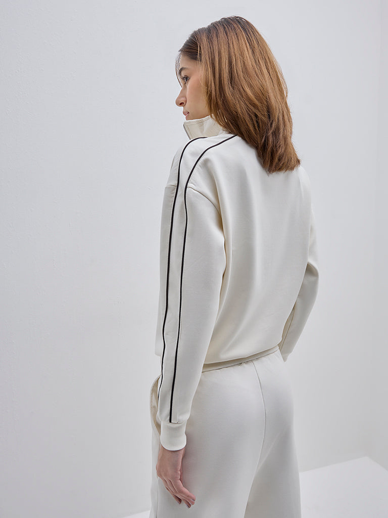 Westside Studiofit Women's Off-White Seam-Detailed Sweatshirt for Winter Wear Back View