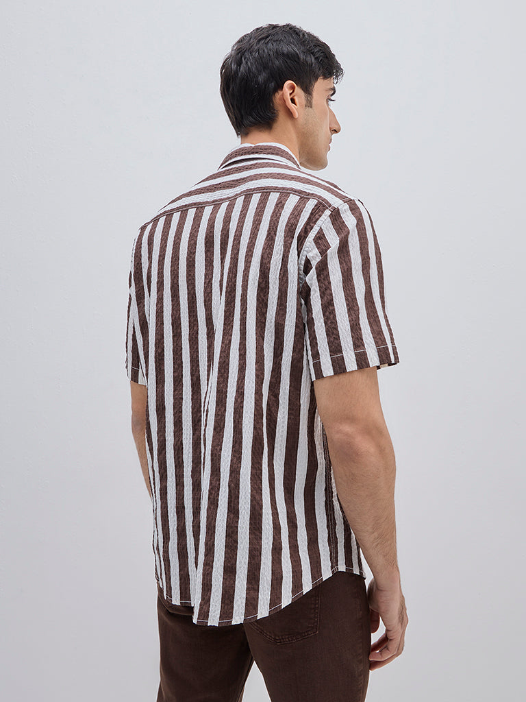 Westside WES Casuals Men's Brown Crinkle Relaxed-Fit Cotton-Blend Shirt for Casual Wear Back View