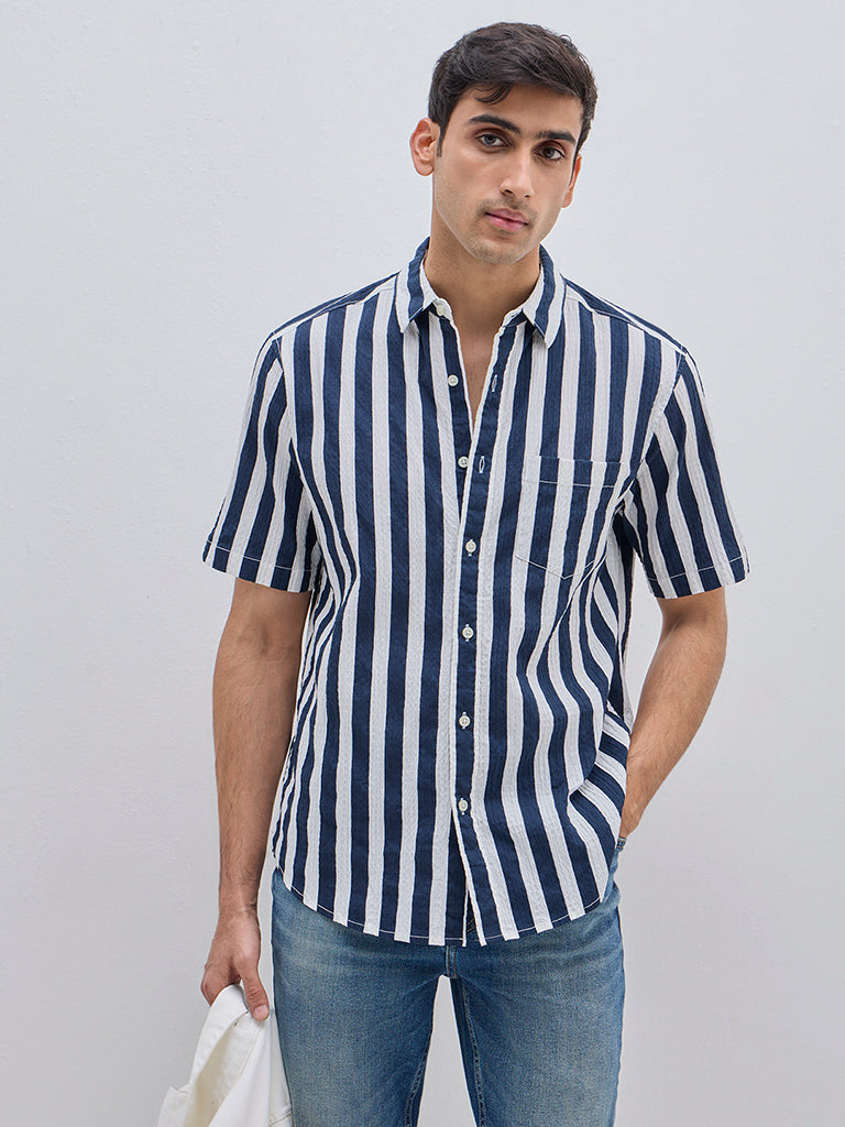 WES Casuals Navy Crinkle Relaxed-Fit Cotton-Blend Shirt