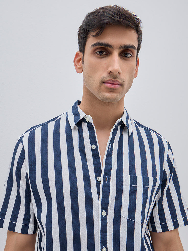 WES Casuals Navy Crinkle Relaxed-Fit Cotton-Blend Shirt