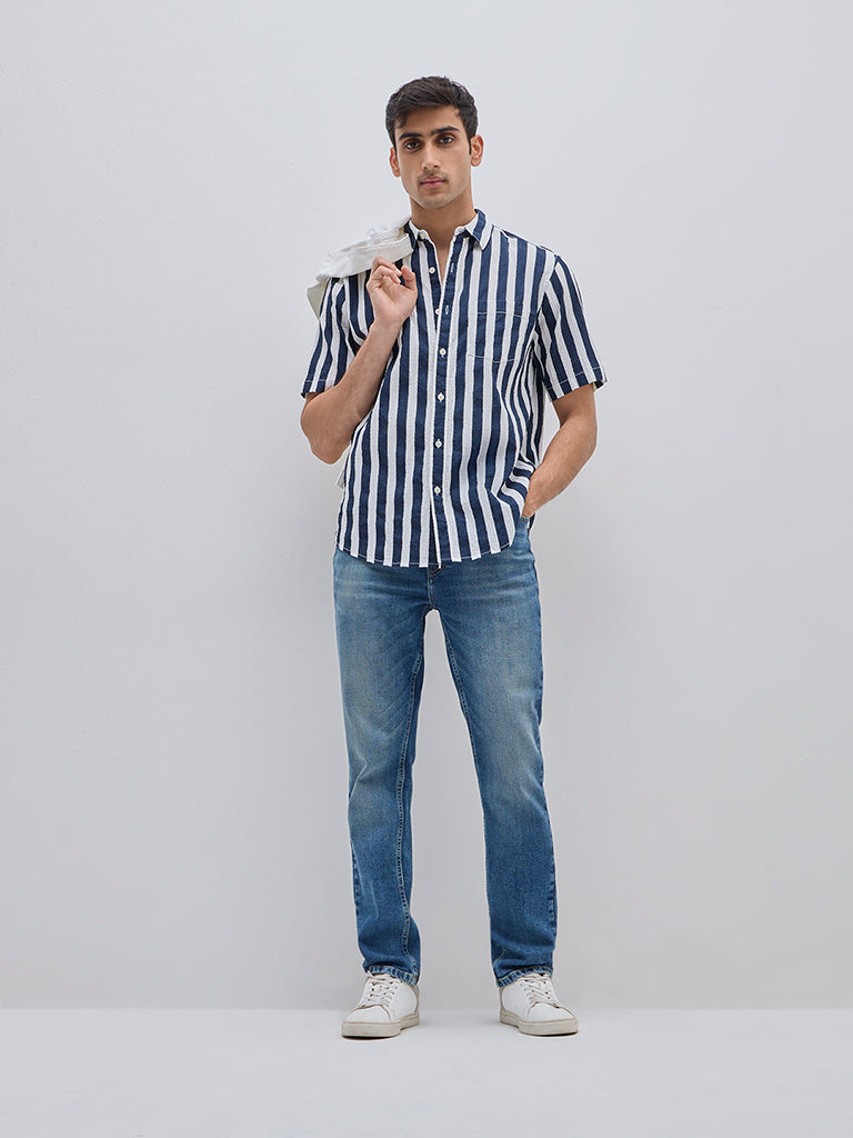 WES Casuals Navy Crinkle Relaxed-Fit Cotton-Blend Shirt