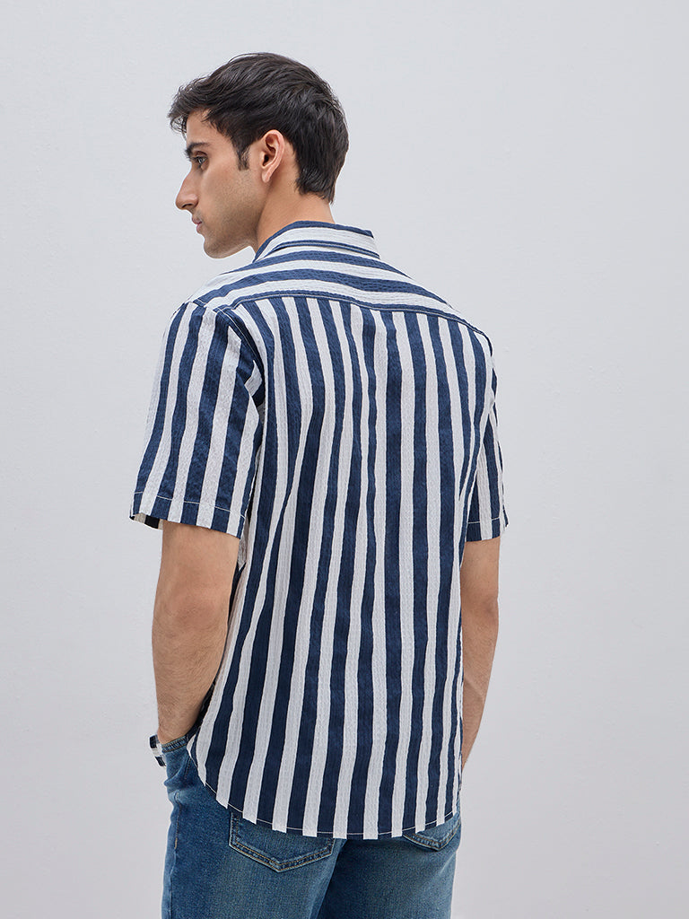 WES Casuals Navy Crinkle Relaxed-Fit Cotton-Blend Shirt