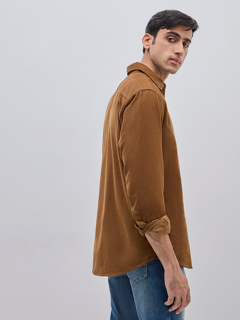 Westside WES Casuals Men's Tan Relaxed-Fit Corduroy Cotton Shirt for Casual Wear Back View