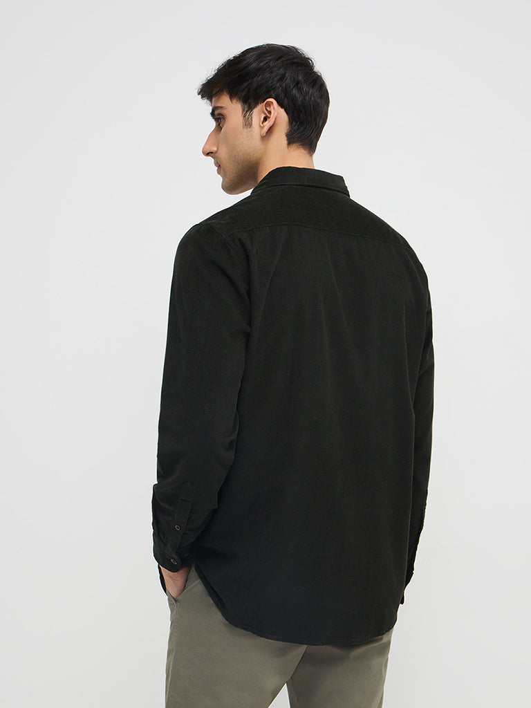Westside WES Casuals Men's Dark Olive Corduroy Relaxed-Fit Cotton Shirt for Casual Wear Back View