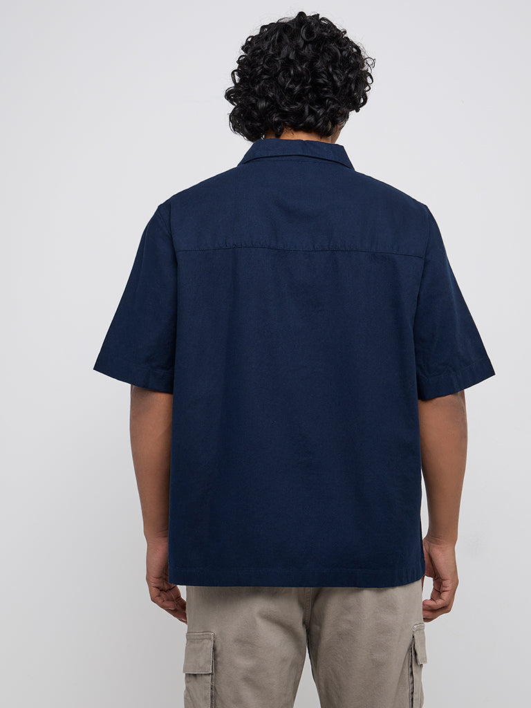 Westside WES Casuals Men's Navy Relaxed-Fit Cotton Shirt for Casual Wear Back View