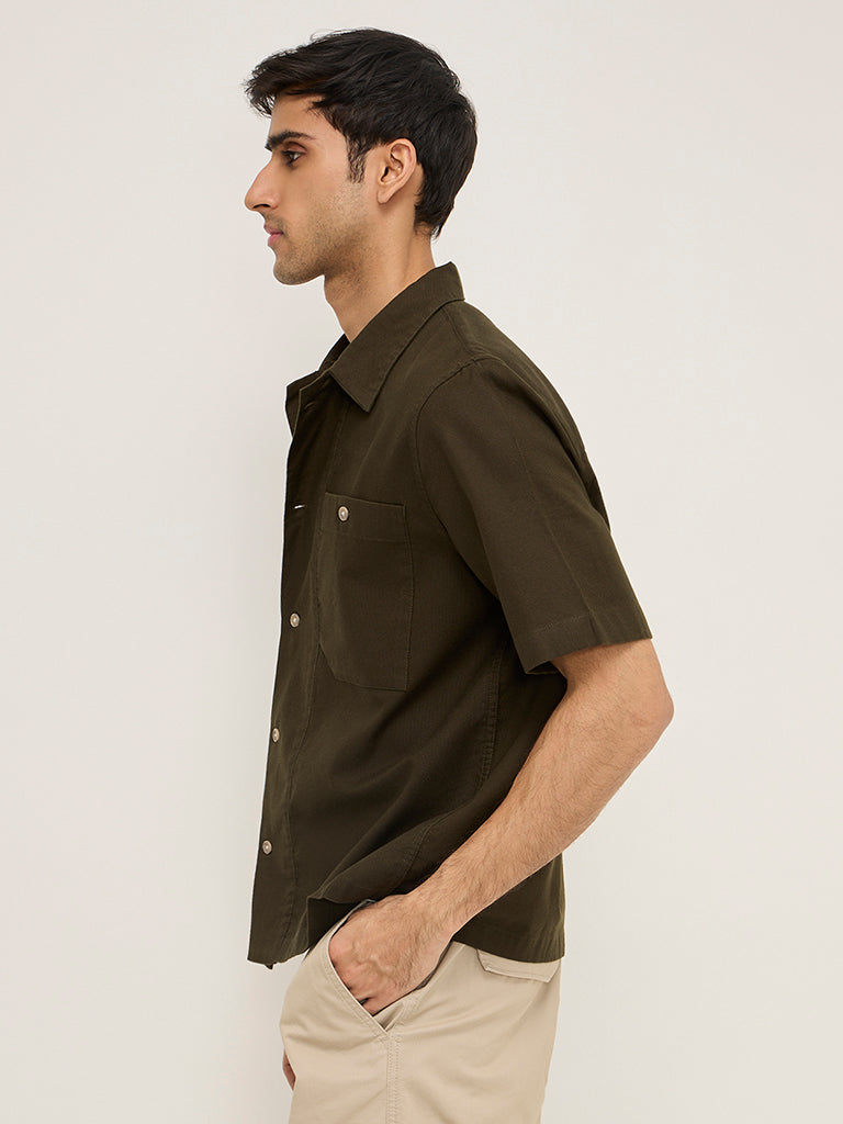 WES Casuals Olive Relaxed-Fit Cotton Shirt