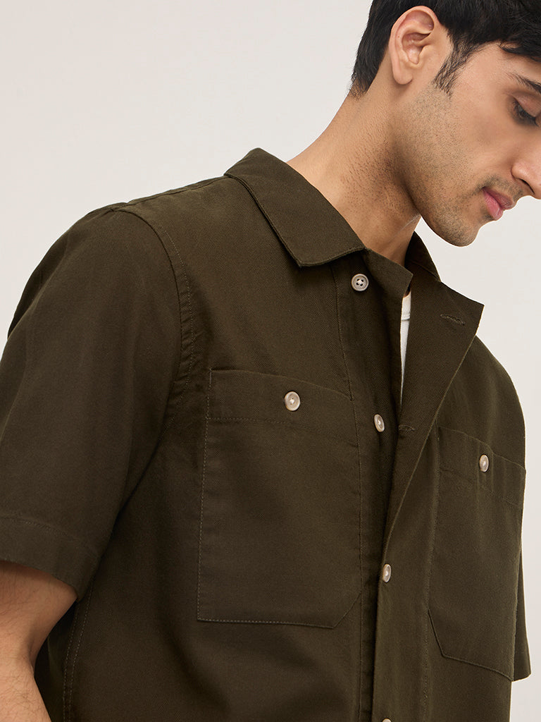 WES Casuals Olive Relaxed-Fit Cotton Shirt