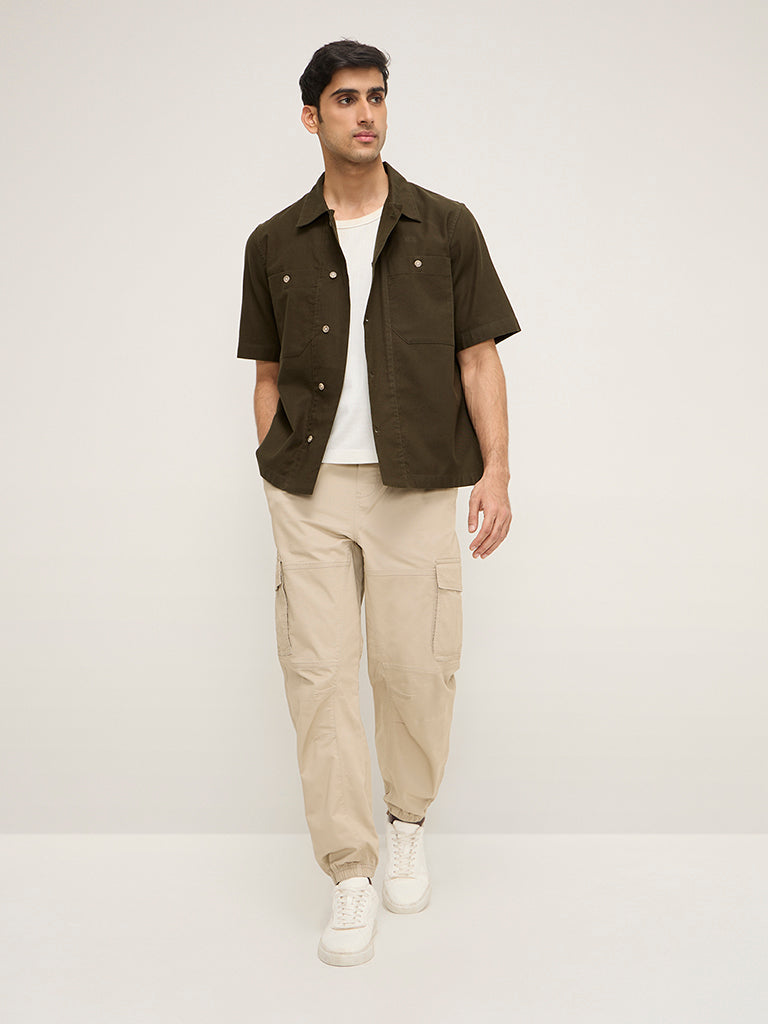 WES Casuals Olive Relaxed-Fit Cotton Shirt