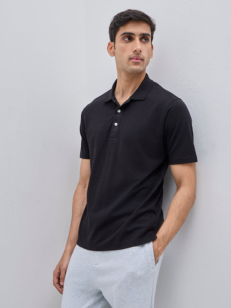 WES Casuals Black Self-Patterned Relaxed-Fit Cotton Polo T-Shirt