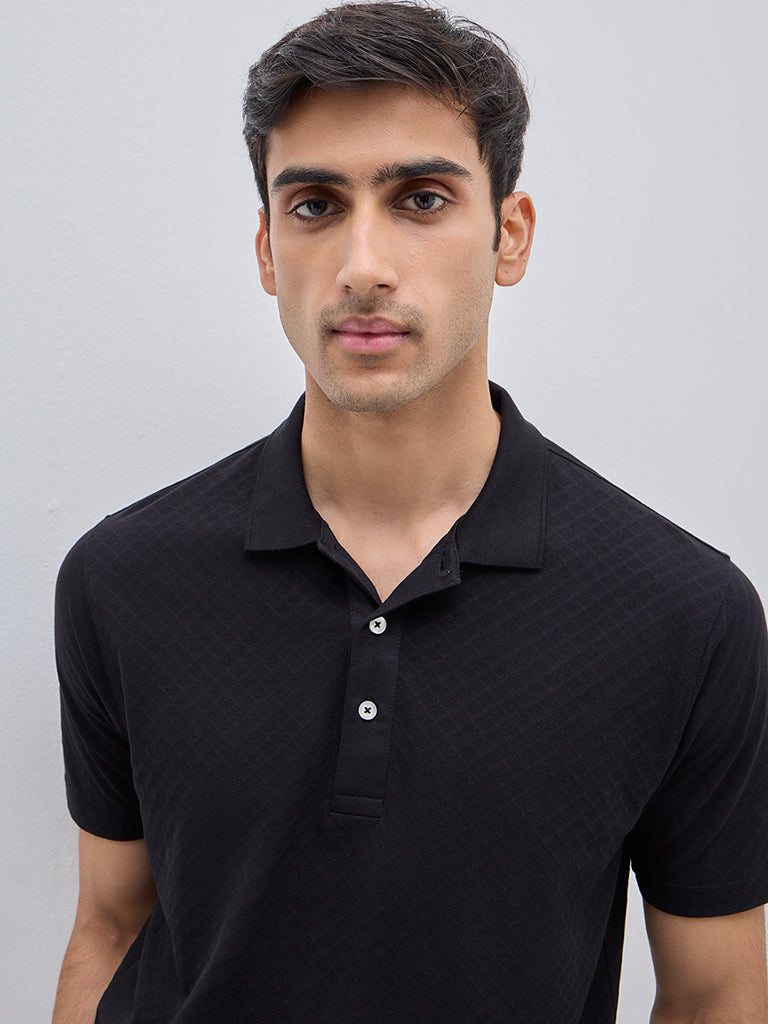 WES Casuals Black Self-Patterned Relaxed-Fit Cotton Polo T-Shirt