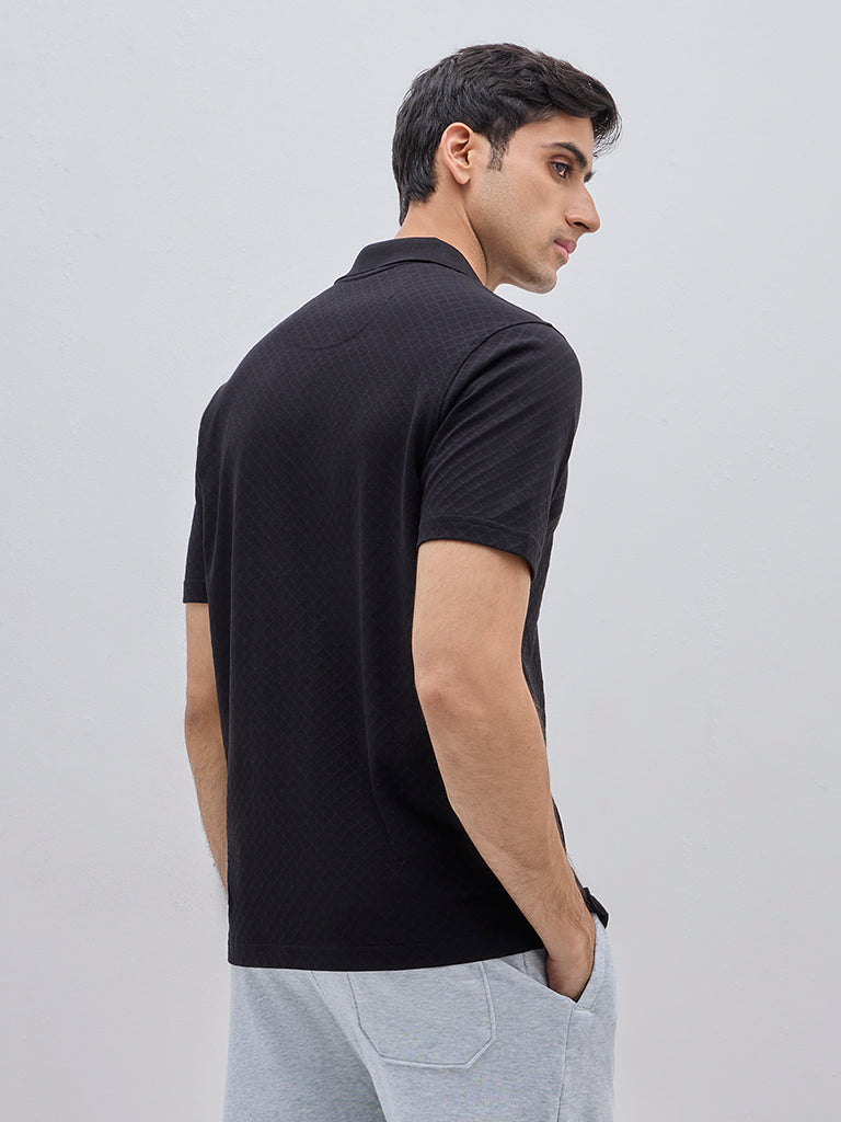 WES Casuals Black Self-Patterned Relaxed-Fit Cotton Polo T-Shirt