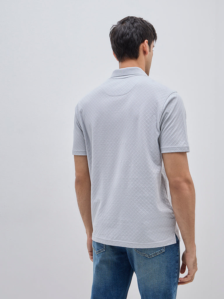 Westside WES Casuals Men's Grey Self Relaxed-Fit Cotton Polo T-Shirt for Casual Wear Back View