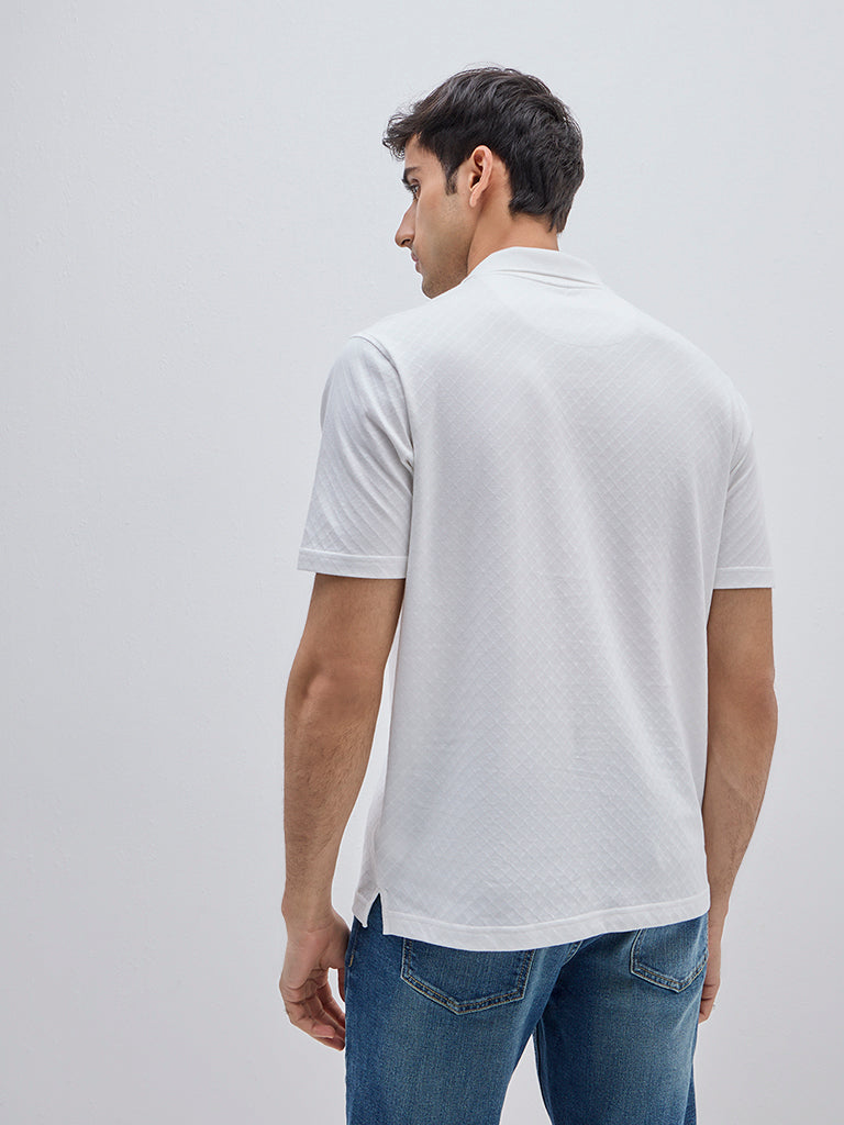 Westside WES Casuals Men's White Self Relaxed-Fit Cotton Polo T-Shirt for Casual Wear Back View