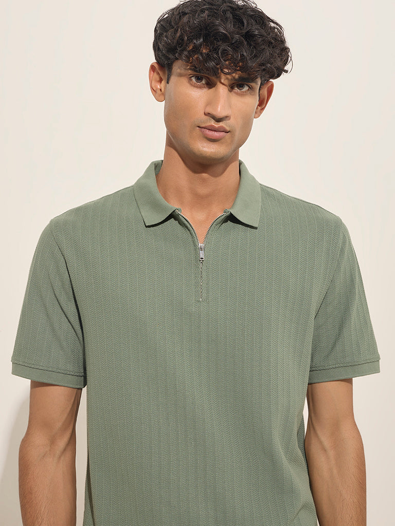 WES Casuals Dark Sage Quarter Zip Cotton-Blend Polo T-Shirt
